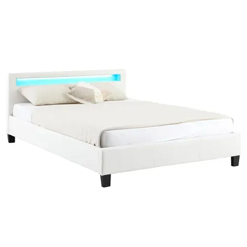 Lit LED Double Pinot 140x190 Cm, Avec Sommier, Revêtement Synthétique Blanc