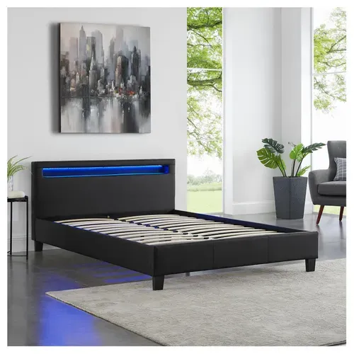 Lit LED Double Pinot 140x190 Cm, Avec Sommier, Revêtement Synthétique Noir