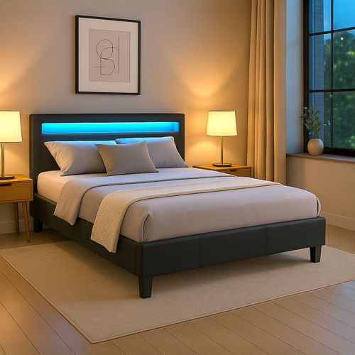 Lit LED Double Pinot 140x190 Cm, Avec Sommier, Revêtement Synthétique Noir