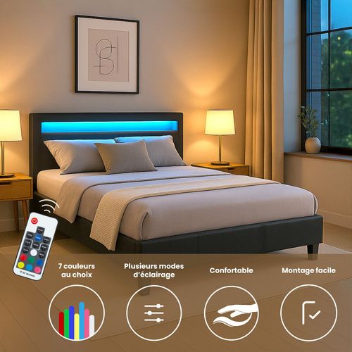 Lit LED Double Pinot 140x190 Cm, Avec Sommier, Revêtement Synthétique Noir