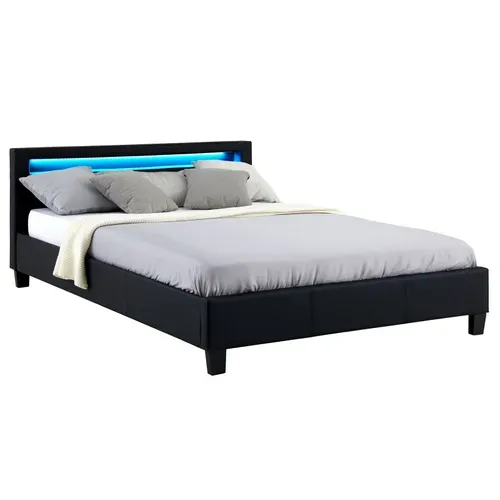 Lit LED Double Pinot 140x190 Cm, Avec Sommier, Revêtement Synthétique Noir