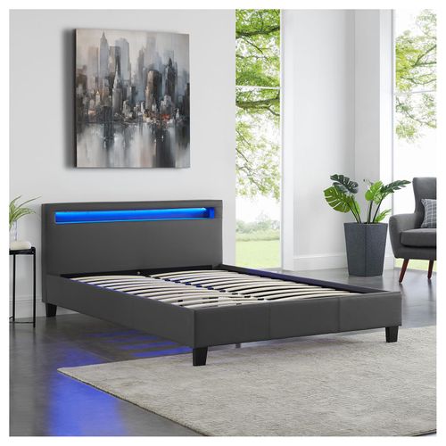 Lit LED Double Rioja 140x190 Cm, Avec Sommier, Revêtement Tissu Gris