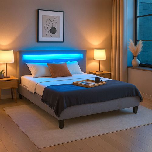Lit LED Double Rioja 140x190 Cm, Avec Sommier, Revêtement Tissu Gris