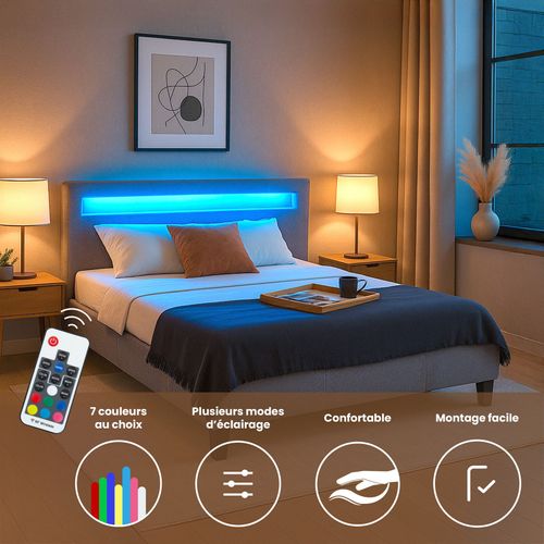 Lit LED Double Rioja 140x190 Cm, Avec Sommier, Revêtement Tissu Gris