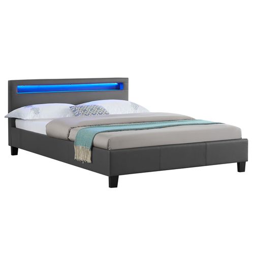 Lit LED Double Rioja 140x190 Cm, Avec Sommier, Revêtement Tissu Gris