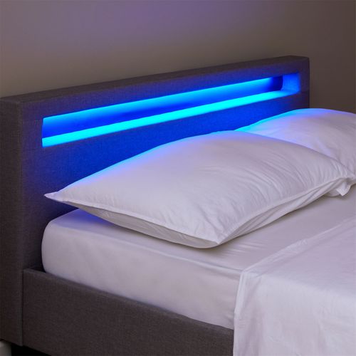 Lit LED Double Rioja 140x190 Cm, Avec Sommier, Revêtement Tissu Gris