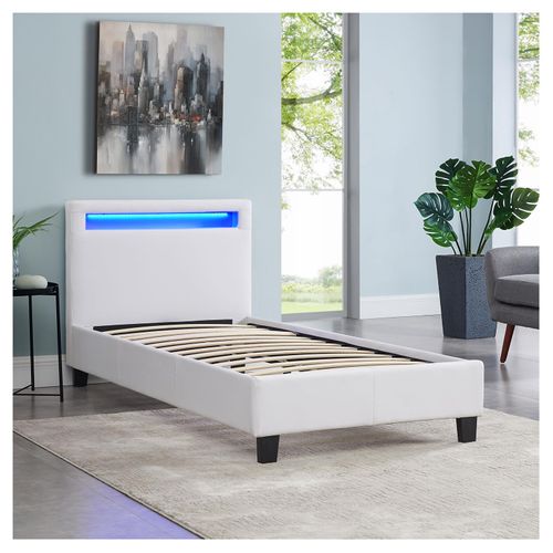 Lit LED Simple Luceno 90x190 Cm, Avec Sommier, Revêtement Synthétique Blanc