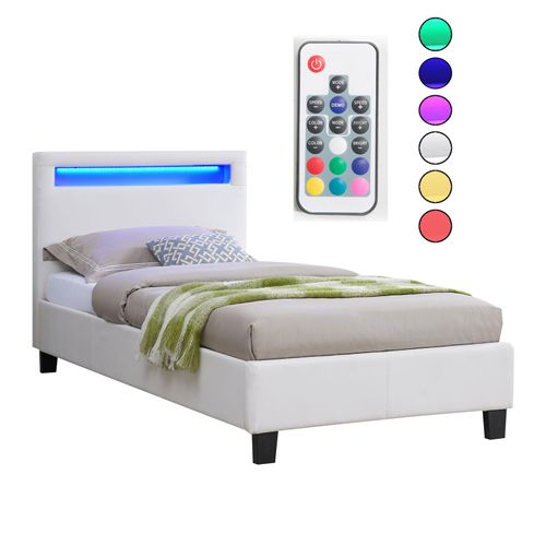 Lit LED Simple Luceno 90x190 Cm, Avec Sommier, Revêtement Synthétique Blanc