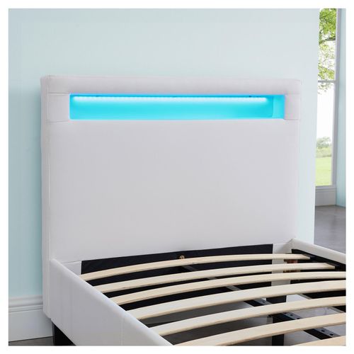 Lit LED Simple Luceno 90x190 Cm, Avec Sommier, Revêtement Synthétique Blanc