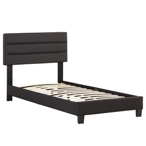 Lit 1 Place Florida, 90 X 190 Cm, Capitonné Avec Sommier, Revêtement En Tissu Noir