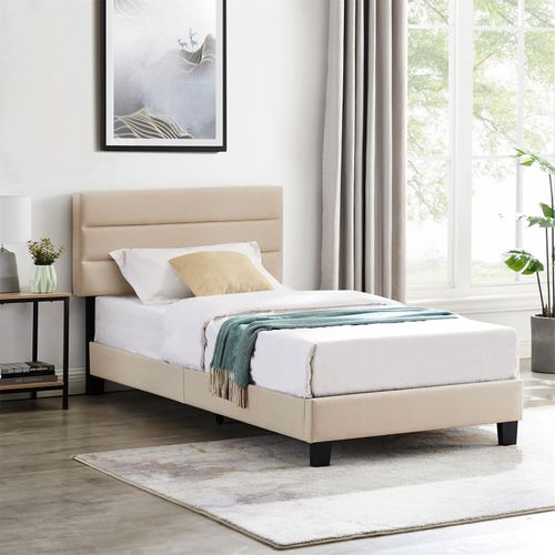 Lit 1 Place Florida, 90 X 190 Cm, Capitonné Avec Sommier, Revêtement En Tissu Beige