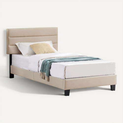 Lit 1 Place Florida, 90 X 190 Cm, Capitonné Avec Sommier, Revêtement En Tissu Beige