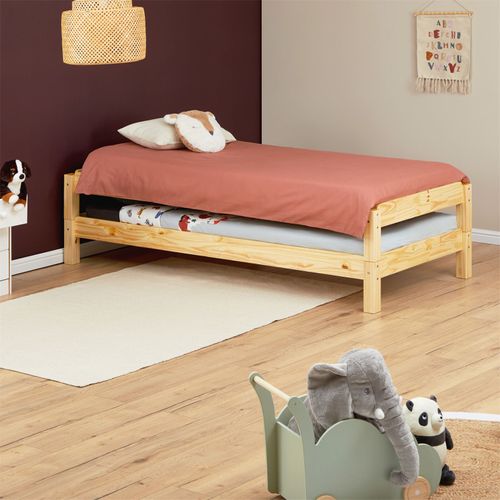 Lot De 2 Lits Superposables 80x190 Cm Rino En Pin Massif, Vernis Naturel