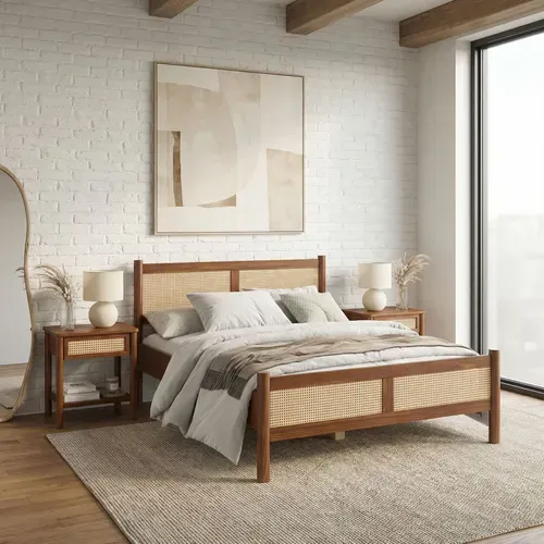 Lit Double Cefira 160x200 Avec Tête De Lit En Rotin - Coloris Châtaigne