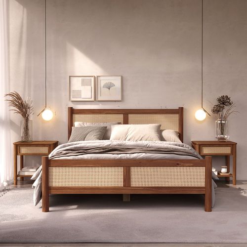 Lit Double Cefira 160x200 Avec Tête De Lit En Rotin - Coloris Châtaigne