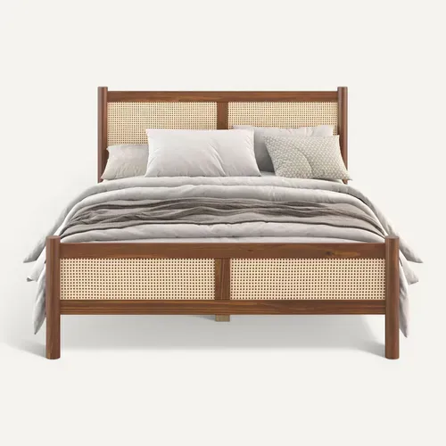 Lit Double Cefira 160x200 Avec Tête De Lit En Rotin - Coloris Châtaigne
