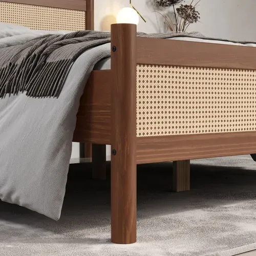 Lit Double Cefira 160x200 Avec Tête De Lit En Rotin - Coloris Châtaigne