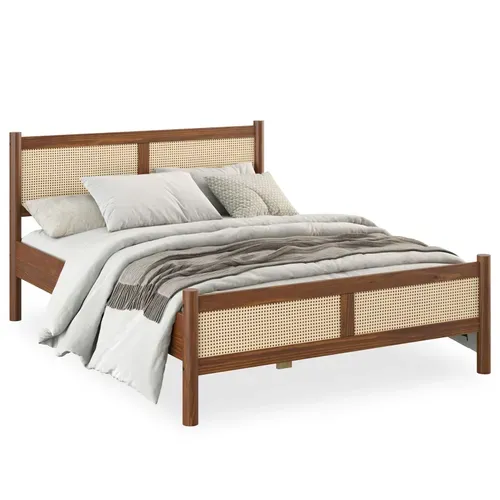 Lit Double Cefira 160x200 Avec Tête De Lit En Rotin - Coloris Châtaigne