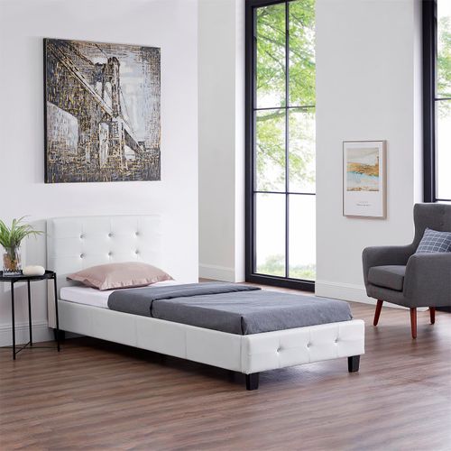 Lit Simple Tico, 90 X 190 Cm, Capitonné Avec Sommier, Revêtement Synthétique Blanc