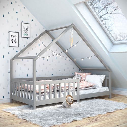 Lit Cabane Asymétrique Cora 90 X 190 Cm En Pin Massif Lasuré Gris