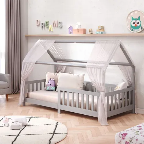 Lit Cabane Nina 90 X 190 Cm, En Pin Massif Lasuré Gris