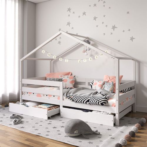 Lit Cabane Ena Avec Tiroirs, 90 X 190 Cm En Pin Massif Lasuré Blanc