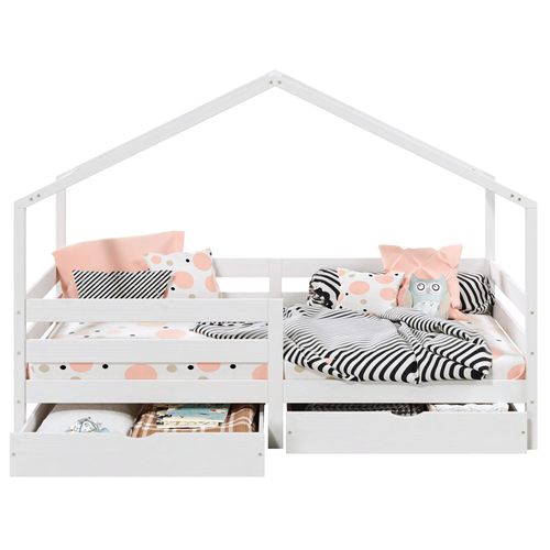 Lit Cabane Ena Avec Tiroirs, 90 X 190 Cm En Pin Massif Lasuré Blanc