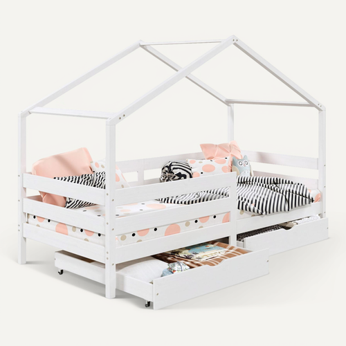 Lit Cabane Ena Avec Tiroirs, 90 X 190 Cm En Pin Massif Lasuré Blanc