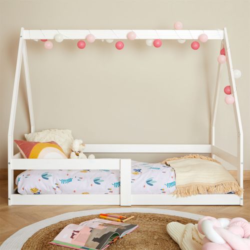 Lit Cabane Tami 70 X 140 Cm, En Pin Massif Lasuré Blanc