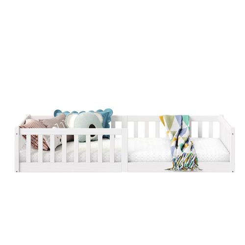 Lit Enfant Gustavo Type Montessori, Couchage 90x190 Cm, En Pin Massif Lasuré Blanc