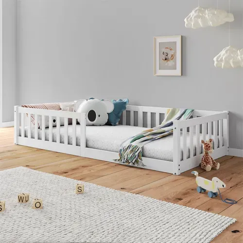 Lit Enfant Gustavo Type Montessori, Couchage 90x190 Cm, En Pin Massif Lasuré Blanc