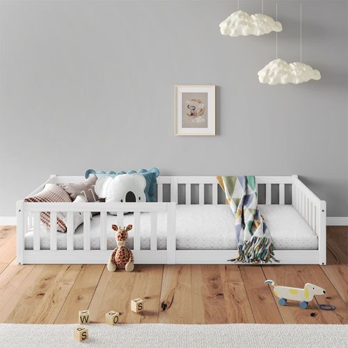 Lit Enfant Gustavo Type Montessori, Couchage 90x190 Cm, En Pin Massif Lasuré Blanc