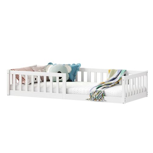 Lit Enfant Gustavo Type Montessori, Couchage 90x190 Cm, En Pin Massif Lasuré Blanc