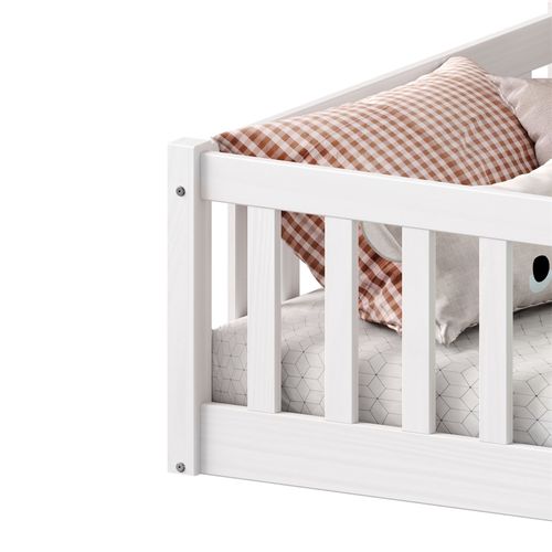 Lit Enfant Gustavo Type Montessori, Couchage 90x190 Cm, En Pin Massif Lasuré Blanc