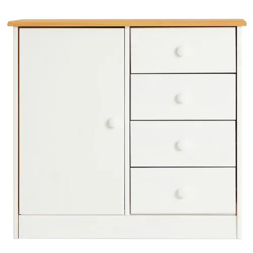 Commode Rondo En Pin Massif, 4 Tiroirs Et 1 Porte, Lasuré Blanc/brun
