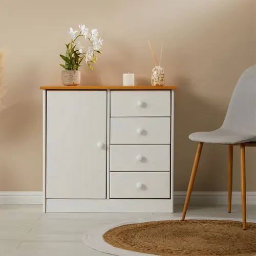 Commode Rondo En Pin Massif, 4 Tiroirs Et 1 Porte, Lasuré Blanc/brun