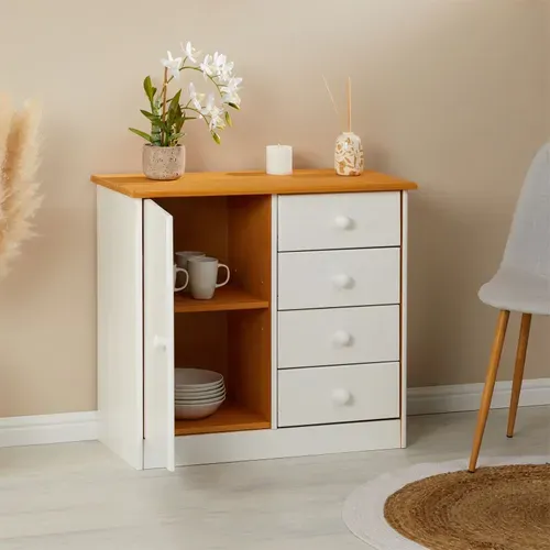 Commode Rondo En Pin Massif, 4 Tiroirs Et 1 Porte, Lasuré Blanc/brun