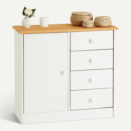 Commode Rondo En Pin Massif, 4 Tiroirs Et 1 Porte, Lasuré Blanc/brun
