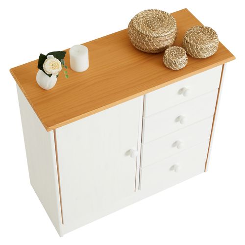 Commode Rondo En Pin Massif, 4 Tiroirs Et 1 Porte, Lasuré Blanc/brun