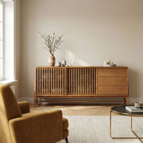 Buffet Adamo 2 Portes, 3 Tiroirs En Bois Massif - Coloris Chêne