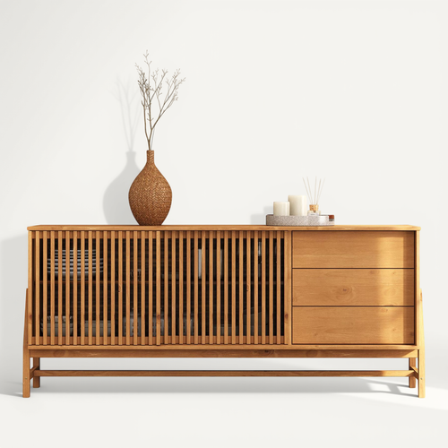 Buffet Adamo 2 Portes, 3 Tiroirs En Bois Massif - Coloris Chêne