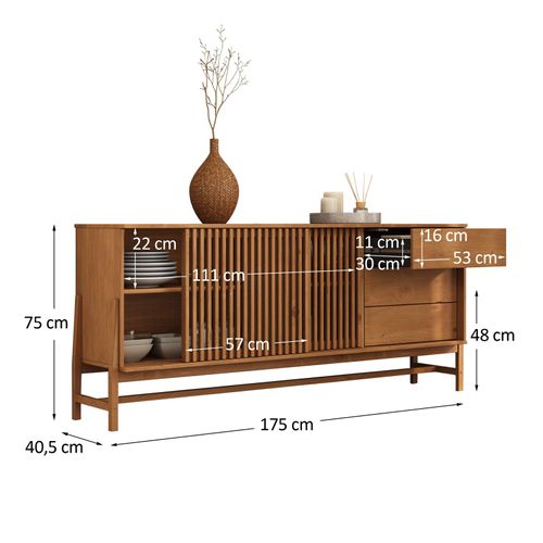 Buffet Adamo 2 Portes, 3 Tiroirs En Bois Massif - Coloris Chêne