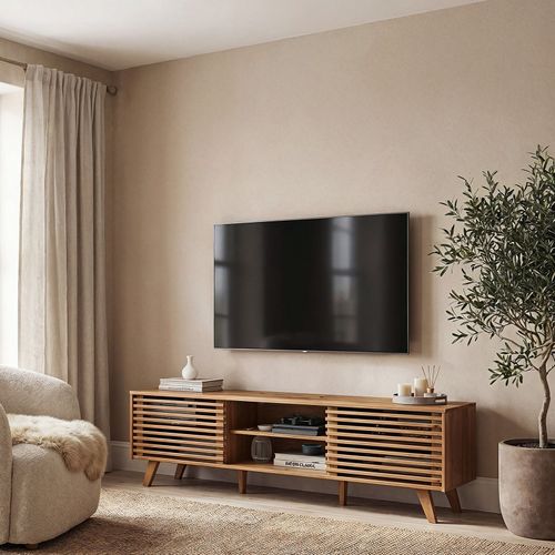 Meuble TV 160cm Avec 2 Tiroirs Et 2 Portes Coulissantes Pour Salon - Texture Exquise - Noir & Naturel