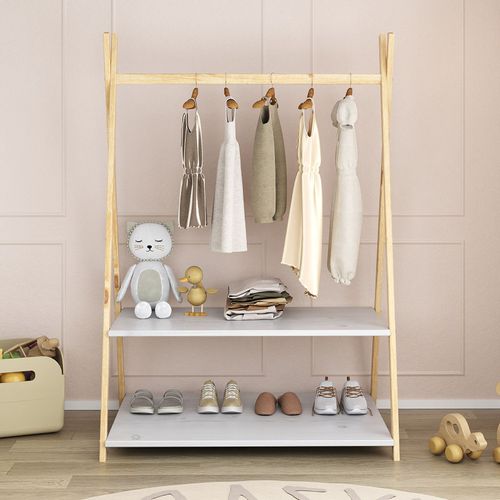 Penderie Enfant Danilo Avec Rangement, En Bois Massif - Coloris Naturel Et Blanc