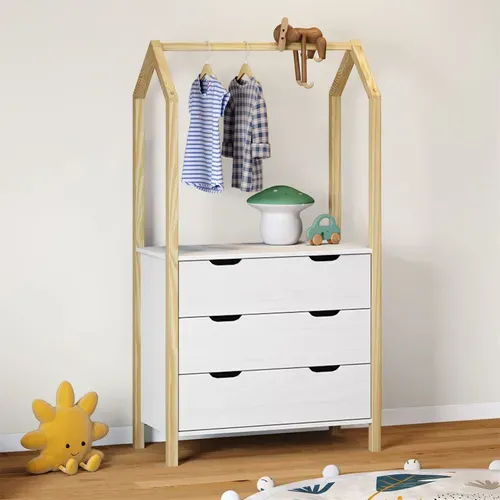 Commode Enfant Amira H 152 Cm En Bois - Coloris Naturel Et Blanc