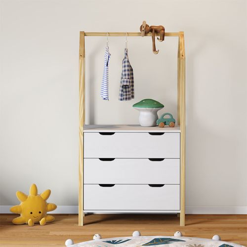Commode Enfant Amira H 152 Cm En Bois - Coloris Naturel Et Blanc