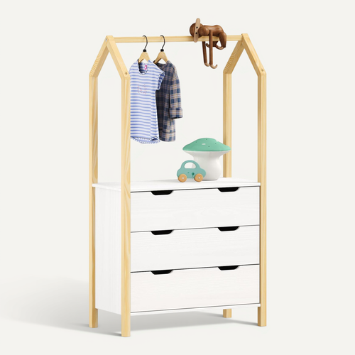 Commode Enfant Amira H 152 Cm En Bois - Coloris Naturel Et Blanc