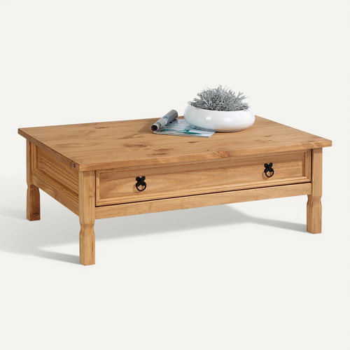 Table Basse En Pin Tequila Style Mexicain, Avec 1 Tiroir, Finition Teintée/cirée
