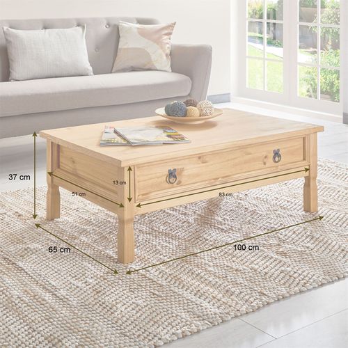 Table Basse En Pin Tequila Style Mexicain, Avec 1 Tiroir, Finition Teintée/cirée