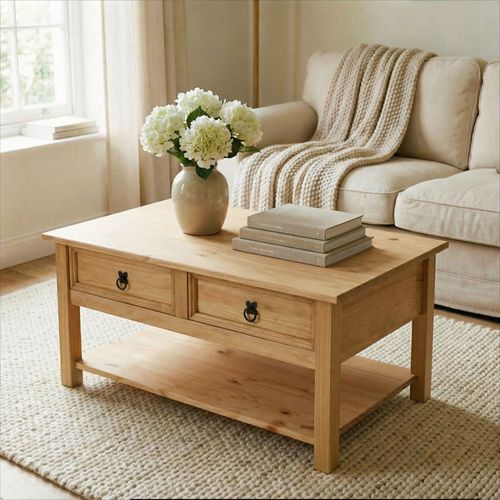 Table Basse Tequila Style Mexicain Avec 2 Tiroirs, En Pin Massif Finition Teintée/cirée